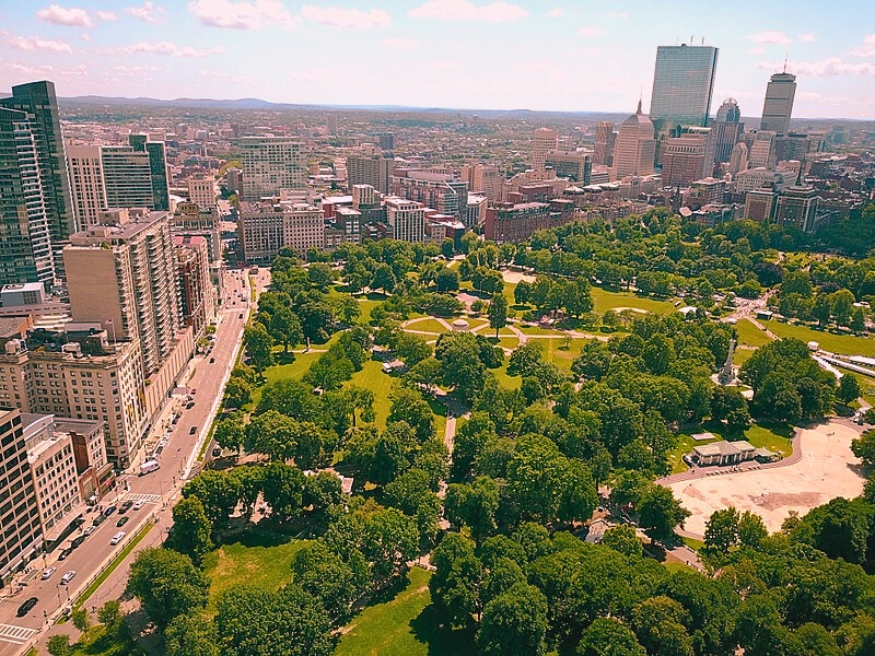 Aerial view of Boston Common park with city skyline, showcasing the historic park's greenery and urban architecture.