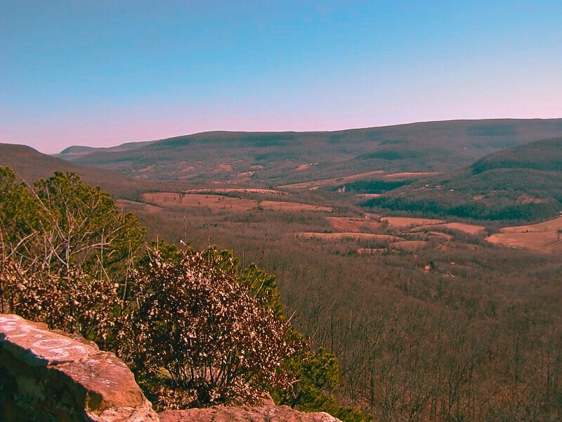 Scenic view from a mountain top, showcasing the valleys and mountains along Highway 7 in Arkansas, a great spot to see the Dover Lights.