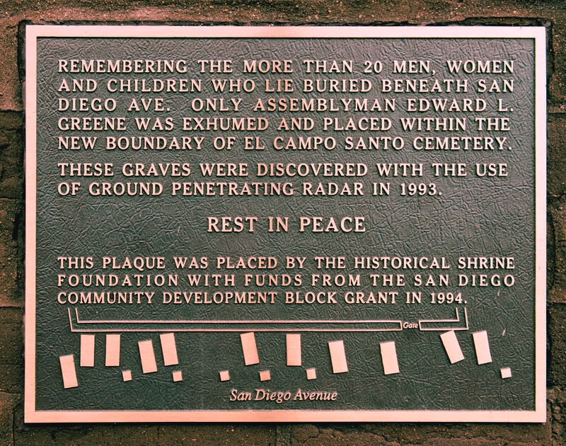 A plaque mounted on a wall at El Campo Santo Cemetery in San Diego, commemorating historical significance.