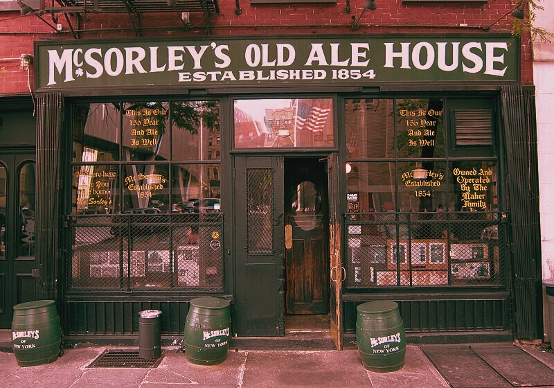 The exterior of Morsley's Old Ale House, a historic and haunted Irish saloon in NYC.