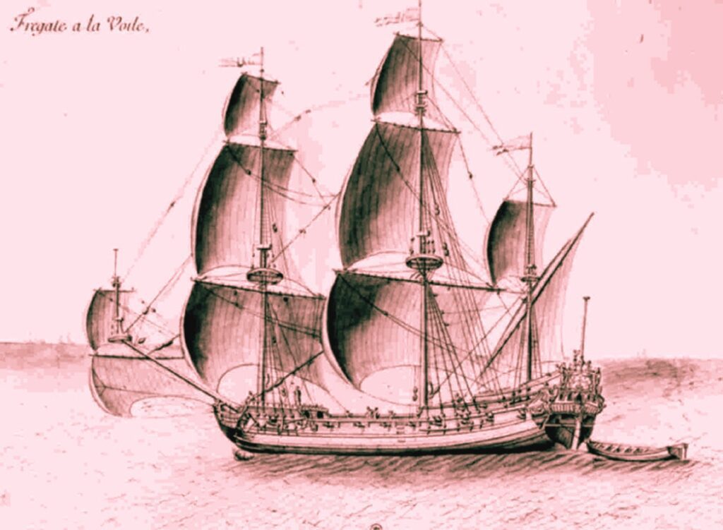 Illustration of a ship navigating the water, reminiscent of Blackbeard's famed vessel, Queen Anne's Revenge, from 1717.