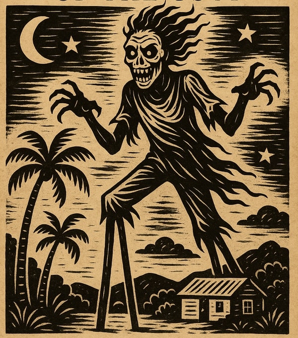 Linocut-style illustration of a ghostly Jumbie towering over a Caribbean night scene, with bold text reading “JUMBIES OF THE USVI” and “DON’T LET THE JUMBIES GET YA.” Highlights folklore and haunted places in the US Virgin Islands.
