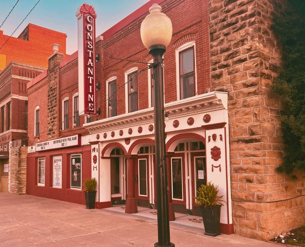 The historic Constantine Theater in Oklahoma, known for its vintage architecture.