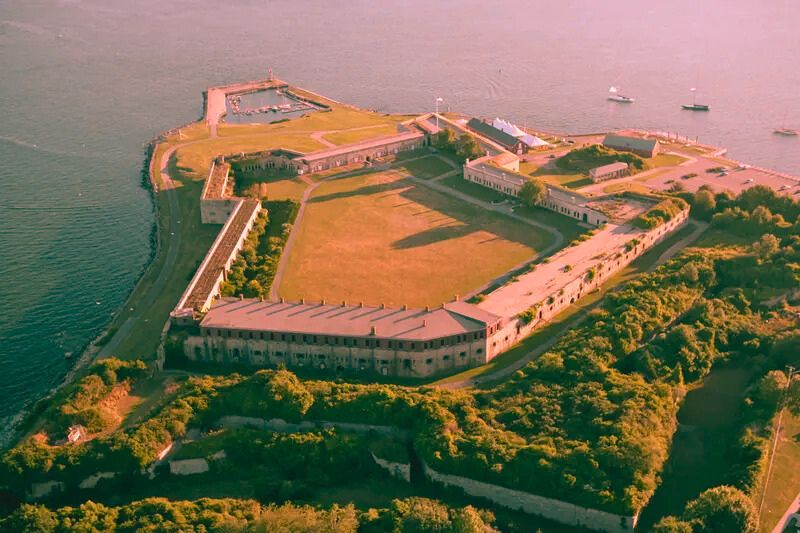 Aerial view of Fort Adams, a historic fort on the water, known as one of the most haunted places in Rhode Island.