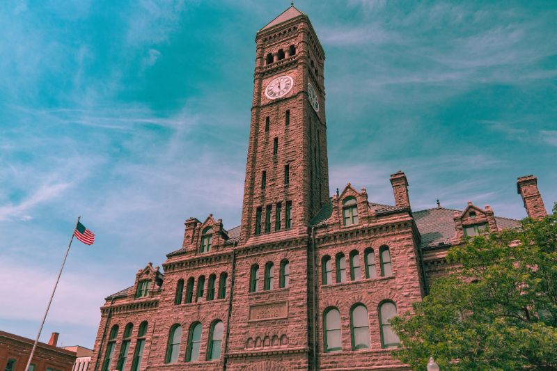 A clock tower looms over the Minnehaha County Courthouse, listed as one of the most haunted sites in South Dakota.