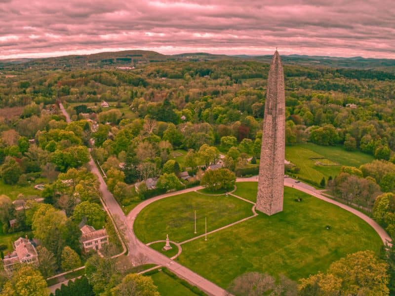 Aerial view of Bennington Battle Monument in Vermont, tall Revolutionary War obelisk.